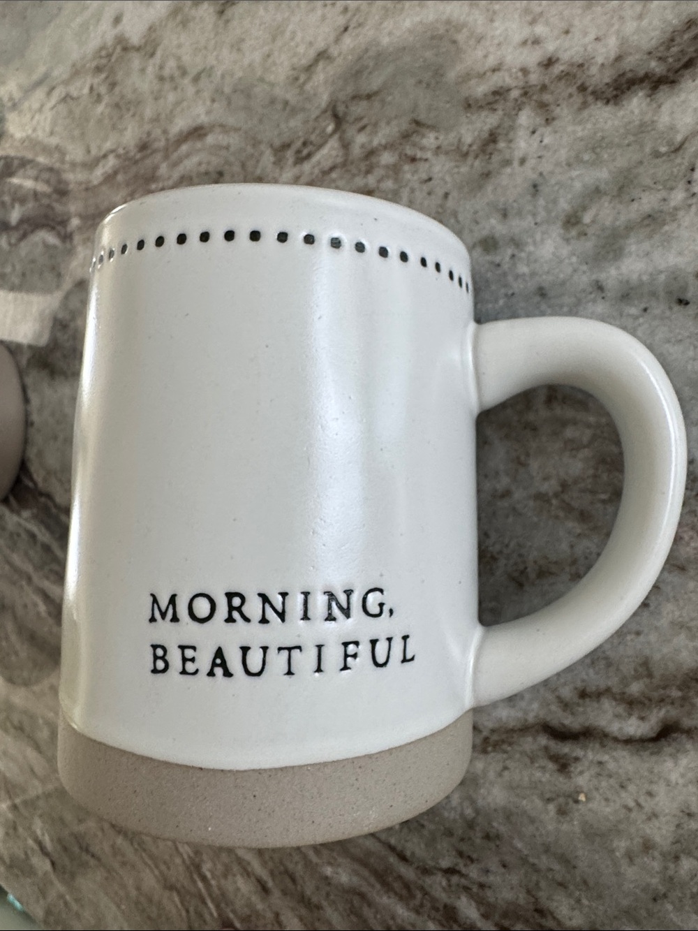 new Hearth & Hand White Ceramic "Morning, Beautiful" Mug with Tan Base